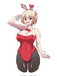 Rule 34 | 1girl, animal ears, blonde hair, breasts, cleavage, cropped legs, dress, hair ribbon, highres, initialdkirby, leotard, looking at viewer, lycoris recoil, neck ribbon, nishikigi chisato, open mouth, pantyhose, playboy bunny, rabbit ears, red dress, red eyes, red ribbon, ribbon, short hair, simple background, smile, solo, white background
