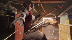 Rule 34 | 1girl, action, aircraft, airplane, arm strap, bolt action, boots, braid, breasts, brown hair, brown vest, projectile trail, crown braid, day, fighter jet, floating hair, girls&#039; frontline, gloves, green eyes, gun, hair ornament, half-closed eyes, handgun, hangar, helicopter, highres, holding, holding gun, holding weapon, jet, large breasts, lee-enfield, lee-enfield (girls&#039; frontline), lien-tsu, long hair, looking at viewer, military, military uniform, military vehicle, pants, pistol, rifle, shipping container, shirt, sleeve cuffs, thigh boots, thighhighs, torn clothes, tossing, uniform, vest, weapon, white gloves, white pants, white shirt