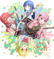 Rule 34 | 4girls, absurdres, blonde hair, blue eyes, blue hair, bocchi the rock!, collared shirt, commentary request, copyright name, cube hair ornament, dated, drumsticks, electric guitar, gotoh hitori, guitar, hair ornament, hands up, highres, holding, holding drumsticks, ijichi nijika, instrument, jacket, kanshio, kita ikuyo, long hair, long sleeves, looking at viewer, mole, mole under eye, multiple girls, music, one side up, open mouth, pink hair, pink jacket, playing instrument, red hair, red ribbon, ribbon, shirt, short hair, short sleeves, smile, twintails, white shirt, yamada ryo, yellow eyes