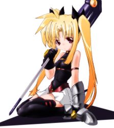 Rule 34 | 00s, 1girl, 45acp, arm garter, armor, bardiche (assault form) (nanoha), bardiche (nanoha), blonde hair, boots, expressionless, fate testarossa, fate testarossa (lightning form), full body, gauntlets, hair ribbon, long hair, looking at viewer, lyrical nanoha, mahou shoujo lyrical nanoha, mahou shoujo lyrical nanoha a&#039;s, miniskirt, polearm, red eyes, ribbon, seiza, simple background, sitting, skirt, sleeveless, solo, thighhighs, twintails, very long hair, weapon, zettai ryouiki