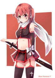 Rule 34 | 1girl, absurdres, bare shoulders, black thighhighs, bow, crop top, cross, elbow gloves, garter straps, gin00, gloves, heterochromia, highres, katana, looking at viewer, midriff, miniskirt, navel, pixiv fantasia, pixiv fantasia t, purple eyes, red eyes, red hair, scarf, sheath, sheathed, simple background, single elbow glove, single glove, skirt, smile, solo, stomach, sword, thighhighs, weapon