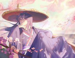 Rule 34 | 1boy, androgynous, branch, canoe, cherry blossoms, flower, genshin impact, hand on own face, haori, hat, head tilt, japanese clothes, jingasa, kimono, leaning back, long hair, long sleeves, looking at viewer, male focus, pink flower, purple hair, purple haori, purple kimono, purple sash, scaramouche (genshin impact), sevkyi, sideways glance, sitting, solo, straight hair, water, wide brim, wide sleeves