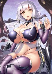 Rule 34 | 1girl, 3104 (3104milkshake), azur lane, bare shoulders, belly, breasts, cleavage, collarbone, commentary request, corruption, covered navel, dark persona, detached sleeves, floating hair, hair ribbon, hand up, head tilt, highleg, highleg panties, highres, huge breasts, illustrious (azur lane), long hair, looking at viewer, mole, mole under eye, nail polish, open mouth, panties, pink nails, plump, purple panties, purple sleeves, purple thighhighs, ribbon, silver hair, sitting, smile, solo, thick thighs, thighhighs, thighs, tri tails, underwear, very long hair, yellow eyes