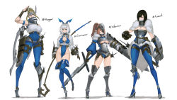 Rule 34 | 4girls, armor, arrow (projectile), black hair, blonde hair, blue pantyhose, blue thighhighs, bodysuit, breasts, brown hair, cleavage, covered navel, fur trim, gauntlets, greaves, high heels, highres, holding, holding staff, holding sword, holding weapon, long hair, looking at viewer, multiple girls, original, pantyhose, pointy ears, ponytail, quiver, see-through, sheath, sheathed, shield, silver hair, simple background, sky of morika, staff, sword, the elder scrolls, the elder scrolls v: skyrim, thighhighs, underboob, weapon, white background
