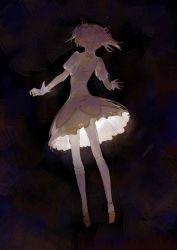 Rule 34 | 1girl, arms at sides, back cutout, bobby socks, bubble skirt, choker, clothing cutout, dark background, darkness, facing away, frilled skirt, frilled socks, frills, from behind, full body, gloves, glowing, hair ribbon, heart cutout, highres, impressionism, kaname madoka, legs apart, light, mahou shoujo madoka magica, mahou shoujo madoka magica (anime), minimalism, multicolored background, muted color, narrow waist, pink hair, pink ribbon, puffy short sleeves, puffy sleeves, red footwear, red ribbon, ribbon, ribbon choker, shoes, short sleeves, short twintails, simple background, skirt, socks, solo, toduring, twintails, white gloves, white skirt, white socks