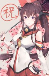 Rule 34 | 1girl, alternate eye color, brown hair, cherry blossoms, commentary request, cowboy shot, detached sleeves, female focus, highres, hip vent, jenson tw, kantai collection, long hair, looking at viewer, oil-paper umbrella, pleated skirt, ponytail, purple eyes, red skirt, red umbrella, skirt, solo, umbrella, yamato (kancolle), z flag