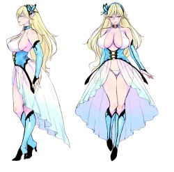 Rule 34 | 1girl, bare shoulders, blonde hair, blue footwear, boots, breasts, butterfly hair ornament, cameltoe, closed mouth, concept art, detached sleeves, diadem, dress, elf, covered erect nipples, hair ornament, high heel boots, high heels, highres, huge breasts, knee blush, knee boots, long hair, looking at viewer, morphona (usagi nagomu), multiple views, navel, open clothes, open dress, original, pointy ears, revealing clothes, showgirl skirt, simple background, smile, thighhighs, usagi nagomu, white background