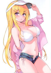 Rule 34 | 1girl, absurdres, adjusting clothes, adjusting headwear, bare shoulders, bikini, blonde hair, blush, breasts, buttons, collarbone, cu-no, fingernails, hair ornament, hairclip, hakurei botan, highres, hisen kaede, jacket, long hair, looking at viewer, medium breasts, navel, off shoulder, open clothes, open jacket, parted lips, purple eyes, scan, shiny skin, short shorts, shorts, simple background, solo, stomach, swimsuit, swimsuit under clothes, thighs, unbuttoned