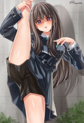 Rule 34 | 1girl, absurdres, artist name, black hair, black shorts, blue dress, blue ribbon, collared dress, commentary, dated, dress, frown, glaring, grey dress, highres, holding leg, inoue takina, leg up, long hair, long sleeves, looking at viewer, lycoris recoil, lycoris uniform, neck ribbon, open mouth, pleated dress, purple eyes, ribbon, shadow, short dress, short shorts, shorts, shorts under dress, signature, solo, split, standing, standing on one leg, standing split, twitter username, two-tone dress, yomo