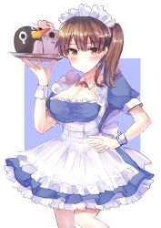 Rule 34 | 10s, 1girl, alternate costume, animal, apron, bare legs, bird, blue dress, blush, breasts, brown eyes, brown hair, cleavage, detached collar, dress, enmaided, eyebrows, frilled dress, frills, highres, kaga (kancolle), kantai collection, large breasts, looking at viewer, maid, mochiko (mocchikkoo), penguin, ponytail, puffy short sleeves, puffy sleeves, short hair, short sleeves, side ponytail, solo, standing, tray, white apron, wrist cuffs
