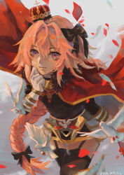 Rule 34 | 1boy, absurdres, artist name, astolfo (fate), bird, black bow, black thighhighs, bow, braid, cape, crown, dated, fang qiao, fate/apocrypha, fate (series), feathers, fur-trimmed cape, fur trim, garter straps, gauntlets, gold trim, hair between eyes, hair bow, hair intakes, highres, large bow, long hair, male focus, petals, pigeon, pink hair, purple eyes, red cape, single braid, solo, thighhighs, trap, very long hair, white bird, white cape, white feathers