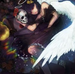 Rule 34 | 1girl, album cover, angel wings, black dress, black hair, blood, cover, cross, cross necklace, dress, flower, hair flower, hair ornament, halo, highres, holding, holding skull, jewelry, login records, looking up, lying, necklace, official art, on side, original, phonograph, rakugaki suruhito, red eyes, rose, skull, solo, wings, yellow flower, yellow rose