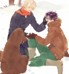 Rule 34 | 2boys, ^ ^, animal, bad id, bad pixiv id, black gloves, black hair, blue-framed eyewear, blue coat, boots, brown footwear, brown gloves, brown jacket, closed eyes, coat, dog, closed eyes, full body, glasses, gloves, green pants, hand on another&#039;s cheek, hand on another&#039;s face, happy, holding hands, hood, hood down, jacket, katsuki yuuri, kneeling, makkachin, male focus, multiple boys, open mouth, outdoors, pants, profile, red scarf, scarf, short hair, sitting, smile, snow, tadano53, tongue, tongue out, tree, viktor nikiforov, white hair, winter, winter clothes, yaoi, yuri!!! on ice