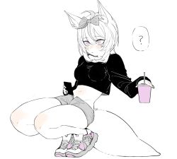 Rule 34 | 1girl, ?, animal ears, black shirt, blush, bow, casual, crop top, cup, expressionless, fox ears, fox tail, full body, hair bow, highres, holding, holding cup, holding phone, hololive, kakult2017, long sleeves, looking to the side, midriff, navel, omaru polka, open fly, phone, shirt, shoes, shorts, simple background, sneakers, solo, speech bubble, spot color, squatting, tail, thighs, virtual youtuber, white background
