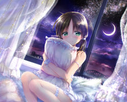 Rule 34 | 1girl, bare shoulders, black hair, blush, bridge, crescent moon, curtains, frilled pillow, frills, green eyes, hair ornament, hair scrunchie, head tilt, indoors, lace trim, lipstick, long hair, makeup, mikami mika, moon, night, night sky, hugging object, original, pillow, pillow hug, pink lips, scrunchie, shiny skin, short hair, sitting, sky, smile, solo, star (symbol), strap slip, thigh strap, translucent, twintails, window, wristband