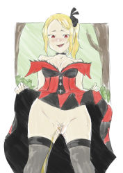 Rule 34 | 1girl, black dress, black socks, blonde hair, blush, braid, breasts, bush, choker, choro (pixiv44123313), cleavage, clothes lift, collarbone, dress, dress lift, forest, french braid, from below, hair ribbon, highres, large breasts, long hair, looking at viewer, looking down, nature, no panties, open mouth, peeing, ponytail, priscilla barielle, pubic hair, pussy, re:zero kara hajimeru isekai seikatsu, red dress, red eyes, ribbon, side ponytail, sky, sleeveless, sleeveless dress, smile, socks, standing, thighhighs, tree, uncensored