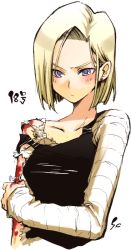 Rule 34 | 1girl, android 18, artist name, bad id, bad pixiv id, blonde hair, blood, blue eyes, blush, chiba sadoru, dragon ball, dragonball z, earrings, face, frown, injury, jewelry, sencha, short hair, signature, simple background, solo, torn clothes, white background