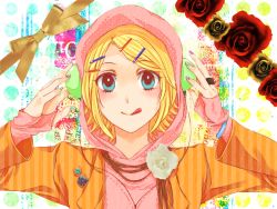 Rule 34 | 1girl, :q, aqua eyes, bad id, bad pixiv id, blonde hair, blush, flower, hair ornament, hairclip, headphones, hood, hoodie, jacket, jewelry, kagamine rin, lapel pin, nail polish, pin, red flower, red rose, ring, rose, short hair, smile, solo, tohhhhh, tongue, tongue out, vocaloid, white flower, white rose, yellow flower, yellow rose