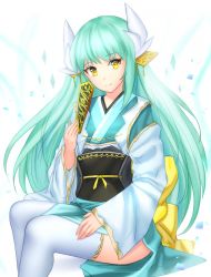 Rule 34 | dragon girl, dragon horns, fate/grand order, fate (series), gigamessy, green hair, horns, kiyohime (fate), solo, thighhighs, white background, white thighhighs, yellow eyes