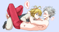 Rule 34 | 10s, 2boys, :q, age difference, antenna hair, ban (nanatsu no taizai), blonde hair, blue background, blue hair, crossed legs, heart, male focus, meliodas, multiple boys, musical note, nanatsu no taizai, naughty face, pink eyes, simple background, size difference, spoken heart, spoken musical note, tongue, tongue out, topless male, toroi, yaoi
