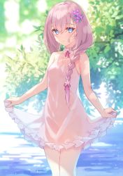 Rule 34 | 1girl, bare legs, blue eyes, blush, braid, branch, clothes lift, cowboy shot, dress, dress lift, flower, hair flower, hair ornament, highres, lifted by self, long hair, looking at viewer, miyanome, original, outdoors, parted lips, partially submerged, pink dress, pink hair, see-through, single braid, tree, water