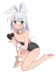 Rule 34 | 1girl, animal ears, bare legs, bare shoulders, barefoot, black leotard, breasts, candy, chocolate, chocolate heart, collarbone, detached collar, food, green eyes, grin, heart, highres, kneeling, leotard, looking at viewer, original, pantyhose, playboy bunny, rabbit ears, rabbit girl, rabbit tail, saiste, see-through, see-through legwear, short hair, silver hair, simple background, small breasts, smile, solo, tail, white background, wrist cuffs