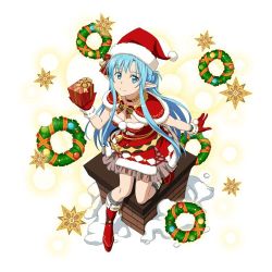 Rule 34 | 1girl, asuna (sao-alo), blue eyes, blue hair, box, breasts, brown skirt, capelet, christmas, cleavage, full body, fur trim, gift, gift box, gloves, hat, holding, holding box, long hair, looking at viewer, medium breasts, miniskirt, pleated skirt, pointy ears, red footwear, red gloves, red hat, santa costume, santa hat, simple background, skirt, sleeveless, smile, solo, sword art online, very long hair, white background