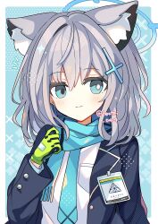 Rule 34 | 1girl, animal ear fluff, animal ears, aqua scarf, black jacket, blue archive, blue eyes, blue halo, blush, breast pocket, commentary, cross, cross hair ornament, gloves, green gloves, grey hair, hair ornament, halo, highres, id card, inverted cross, jacket, long hair, looking at viewer, mismatched pupils, pocket, scarf, school uniform, shirocha tei, shiroko (blue archive), shirt, solo, twitter username, white shirt, wolf ears