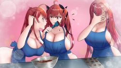 Rule 34 | &gt;:(, 3girls, absurdres, ahoge, angry, apron, azur lane, breasts, bremerton (azur lane), candy, chocolate, chocolate heart, chocolate making, cleavage, color connection, commentary, facepalm, food, heart, highres, holding, holding spatula, honolulu (azur lane), huge breasts, long hair, looking at another, lunar avenger, mixed-language commentary, multicolored hair, multiple girls, naked apron, ponytail, red eyes, red hair, spatula, streaked hair, tongue, tongue out, twintails, v-shaped eyebrows, valentine, yellow eyes, zara (azur lane)
