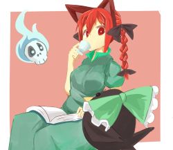 Rule 34 | 1girl, absurdres, animal ears, book, border, bow, braid, bright pupils, cat ears, cup, dress, drinking, feet out of frame, floating skull, green dress, hair bow, highres, hitodama, holding, holding cup, kaenbyou rin, long hair, looking at viewer, open book, pink background, puffy short sleeves, puffy sleeves, red eyes, red hair, reiuji utsuho, reiuji utsuho (bird), short sleeves, simple background, sitting, skull, solo, tokoname, touhou, twin braids