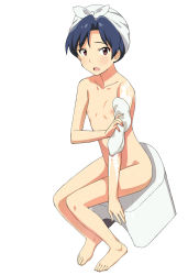 Rule 34 | 1girl, a1 (initial-g), barefoot, bath, bath stool, bathing, blue hair, breasts, brown eyes, bubble, flat chest, hair up, idolmaster, idolmaster (classic), kisaragi chihaya, nipples, nude, simple background, sitting, soap, solo, stool, towel, towel on head, washing, white background
