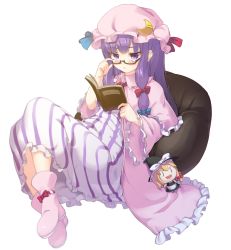 Rule 34 | 1girl, :&lt;, absurdres, adjusting eyewear, ankle boots, bespectacled, black-framed eyewear, blue ribbon, blunt bangs, blush, book, boots, bow, collar, crescent, crescent pin, doll, dress, ebiebiebio, frills, full body, glasses, hair bow, hat, hat ribbon, highres, kirisame marisa, long hair, long sleeves, low twintails, lying, nightgown, on back, open book, patchouli knowledge, pillow, pink footwear, purple hair, reading, red bow, red ribbon, ribbon, semi-rimless eyewear, simple background, solo, striped, touhou, twintails, under-rim eyewear, vertical stripes, very long hair, white background