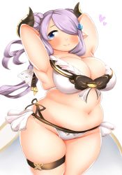 Rule 34 | 10s, 1girl, belly, blue eyes, blush, breasts, draph, female focus, fusa (starless2323), granblue fantasy, hair over one eye, highres, horns, large breasts, light purple hair, long hair, looking at viewer, midriff, narmaya (granblue fantasy), plump, pointy ears, simple background, skindentation, smile, solo, standing, thick thighs, thigh strap, thighs, white background, wide hips