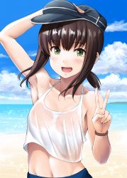 Rule 34 | 1girl, :d, alternate costume, arm up, armpits, bad id, bad twitter id, beach, black hair, blue skirt, blue sky, blush, breasts, cloud, collarbone, commentary request, crop top, day, flat cap, fubuki (kancolle), green eyes, hand on headwear, hat, highres, ichikawa feesu, kantai collection, long hair, looking at viewer, low ponytail, midriff, midriff peek, navel, nipples, ocean, open mouth, outdoors, ponytail, sand, see-through, shirt, short ponytail, sidelocks, skirt, sky, sleeveless, small breasts, smile, solo, v, water, wet, white shirt