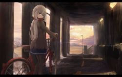 Rule 34 | 1girl, bicycle, bicycle basket, black pantyhose, blue eyes, blue skirt, blush, brown gloves, closed mouth, enpera, evening, gloves, highres, icicle, letterboxed, light, long hair, long sleeves, looking at viewer, miniskirt, munehiro (21plus), orange sky, original, pantyhose, pleated skirt, railing, red scarf, road, scarf, scenery, skirt, sky, solo, standing, street, tareme, tunnel