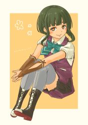 Rule 34 | 1girl, absurdres, aqua bow, aqua bowtie, bob cut, boots, bow, bowtie, brown eyes, commentary request, cross-laced footwear, fingerless gloves, gloves, green hair, grey thighhighs, highres, kantai collection, lace-up boots, looking at viewer, pleated skirt, pot-de, purple skirt, purple vest, shirt, short hair, short hair with long locks, sidelocks, sitting, skirt, smile, solo, takanami (kancolle), takanami kai ni (kancolle), thighhighs, vest, white shirt