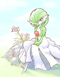 Rule 34 | 1girl, blue sky, blush, bob cut, cloud, colored skin, creatures (company), crossed legs, day, female focus, flat chest, flower, full body, game freak, gardevoir, gen 3 pokemon, grass, green hair, green skin, hair over one eye, looking at viewer, multicolored skin, nintendo, no mouth, nyanta (phantmail8), on rock, one eye covered, outdoors, own hands together, pink flower, pokemon, pokemon (creature), red eyes, short hair, sitting, sky, solo, two-tone skin, v arms, white skin