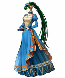 Rule 34 | 1girl, blue dress, breasts, cleavage, closed eyes, delsaber, dress, earrings, fire emblem, fire emblem heroes, frilled sleeves, frills, gift, green hair, head tilt, highres, jewelry, long hair, lyn (fire emblem), lyn (valentine) (fire emblem), necklace, nintendo, ponytail, simple background, smile, solo, very long hair, white background