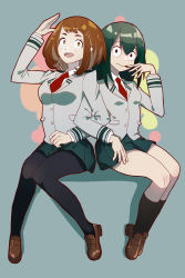 Rule 34 | 10s, 2girls, :d, asui tsuyu, black eyes, black socks, blazer, blush, boku no hero academia, breasts, brown eyes, brown footwear, brown hair, closed mouth, collared shirt, commentary, dress shirt, english commentary, eyelashes, fine fabric emphasis, frog girl, full body, green background, green hair, green skirt, grey jacket, highres, jacket, kneehighs, knees together feet apart, legs together, loafers, locked arms, long hair, long sleeves, looking at viewer, medium breasts, miniskirt, multiple girls, necktie, open mouth, pleated skirt, red neckwear, school uniform, shirt, shoes, short hair, sitting, skirt, small breasts, smile, socks, tongue, tongue out, uraraka ochako, vic (vedream), waving, white shirt, wing collar