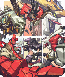 Rule 34 | 1girl, 4boys, black eyes, black hair, breasts, brown shirt, character request, clenched hand, colored skin, commentary, copyright request, crop top, crossover, english commentary, eyepatch, furry, ghost in the shell, green eyes, gun, gundam, gundam barbatos, gundam barbatos lupus, gundam tekketsu no orphans, hammond (overwatch), hamster, handgun, hellboy, hellboy (comic), highres, holding, holding gun, holding weapon, jacket, king kazma, kubo (kubo and the two strings), kubo and the two strings, kusanagi motoko, leaning back, mecha, multiple boys, multiple crossover, multiple drawing challenge, one eye covered, open hand, overwatch, overwatch 1, pistol, purple hair, red eyes, red jacket, red skin, robot, science fiction, shirt, sideburns, six fanarts challenge, small breasts, smoking, tan zhi hui, v-fin, weapon, wrecking ball (overwatch), yellow eyes