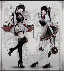 Rule 34 | 2girls, apron, black footwear, black hair, black thighhighs, blunt bangs, breasts, bug, butterfly, chain, cleavage, cleavage cutout, clothing cutout, elbow gloves, elbow pads, finger to mouth, flail, frilled apron, frills, gloves, high heels, highres, insect, knee pads, leg tattoo, maid, maid headdress, multiple girls, one eye closed, original, satsuki kei, sheath, sheathed, sidelocks, single elbow pad, sword, tattoo, thigh strap, thighhighs, weapon, white gloves, white thighhighs