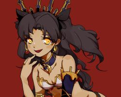 Rule 34 | 1girl, black ribbon, breasts, cleavage, detached collar, detached sleeves, earrings, eyelashes, fate/grand order, fate (series), gold earrings, hoop earrings, ishtar (fate), jewelry, kohakumaru, long hair, medium breasts, red background, ribbon, simple background, single detached sleeve, solo, twintails, upper body, yellow eyes