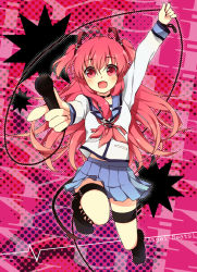 Rule 34 | 10s, angel beats!, ankle lace-up, belt, choker, cross-laced footwear, demon tail, hair ornament, long hair, microphone, pink eyes, pink hair, school uniform, serafuku, short twintails, solo, tail, thigh strap, touon, twintails, two side up, yui (angel beats!)