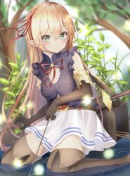 Rule 34 | 1girl, arisa (shadowverse), bare shoulders, belt, blonde hair, blush, boots, breasts, commentary, elbow gloves, elf, gloves, green eyes, hair ribbon, highres, holding, in water, kichi (kichifav), kneeling, long hair, looking at viewer, medium breasts, pointy ears, princess connect!, red ribbon, ribbon, shadowverse, skirt, smile, solo, split mouth, thigh boots, thighhighs