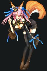 Rule 34 | 10s, 1girl, animal ears, bad deviantart id, bad id, black background, black thighhighs, bra, breasts, cleavage, detached sleeves, fang, fate/extra, fate/extra ccc, fate (series), female focus, fox ears, fox tail, hair ribbon, hat, large breasts, long hair, looking at viewer, mini hat, mini top hat, official alternate costume, one eye closed, open mouth, pink bra, pink hair, ribbon, simple background, solo, tail, tamamo (fate), tamamo no mae (fate/extra), tamamo no mae (sable mage) (fate), thighhighs, top hat, twintails, underwear, v, yellow eyes