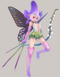 Rule 34 | 1girl, bow (weapon), butterfly wings, elf, fairy, flower, insect wings, lily of the valley, original, pointy ears, purple eyes, simple background, solo, thighhighs, weapon, weno, white hair, wings