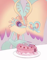 Rule 34 | antlers, blush stickers, cake, cherry, colored sclera, elfilin, fecto elfilis, food, fork, fruit, highres, holding, holding fork, holding knife, horns, kirby (series), kirby and the forgotten land, knife, large ears, nintendo, purple sclera, sad, user syfr4477