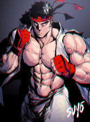 Rule 34 | 1boy, abs, absurdres, bara, bare pectorals, black hair, boxing gloves, dougi, feet out of frame, fighting stance, fingerless gloves, gloves, headband, highres, large pectorals, looking at viewer, male focus, mature male, muscular, muscular male, navel, nipples, pectorals, red headband, ryu (street fighter), short hair, sleeveless, solo, stomach, street fighter, strongman waist, suyohara, thick eyebrows, veins, veiny arms