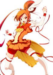 Rule 34 | 10s, 1girl, :o, angry, arm warmers, bike shorts, bike shorts under skirt, boots, bow, bowtie, brooch, cure sunny, fighting stance, full body, hair bun, highres, hino akane (smile precure!), jewelry, magical girl, open mouth, orange hair, orange skirt, orange theme, precure, red eyes, short hair, shorts, shorts under skirt, single hair bun, skirt, smile precure!, solo, thigh boots, thighhighs, white background, white thighhighs, zielgigas