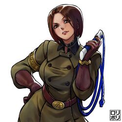 1girl armlet belt belt_buckle black_choker breasts brown_belt brown_eyes brown_gloves brown_hair buckle buttons choker double-breasted gloves green_jacket hand_on_own_hip highres holding holding_whip jacket jamrolypoly jewelry looking_at_viewer military military_uniform short_hair simple_background solo the_king_of_fighters the_king_of_fighters_xv whip whip_(kof) white_background